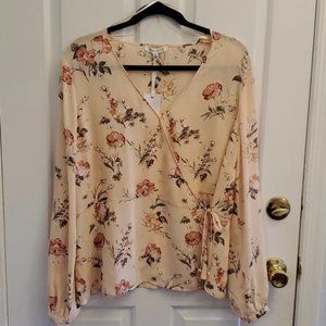 Rose + Olive Floral Wrap Blouse Top Peach Career NEW XL